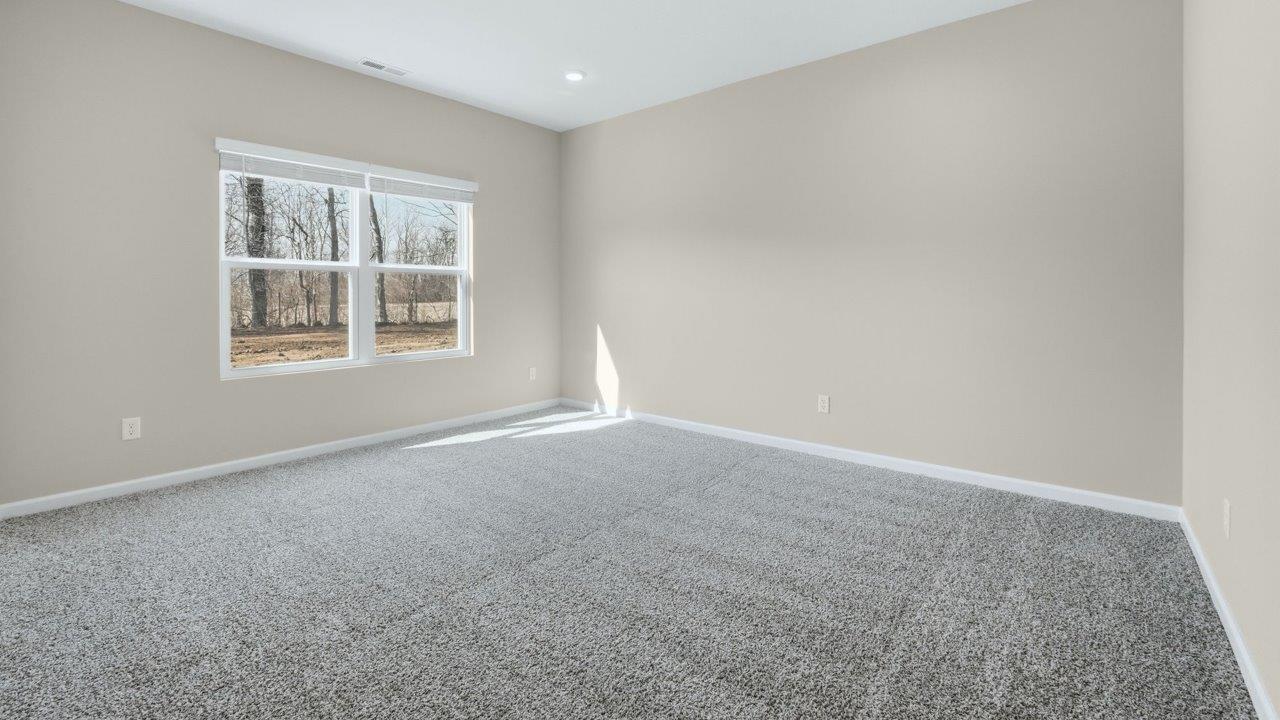 primary bedroom with 2 windows, carpet flooring, and ensuite bathroom and walk-in closet