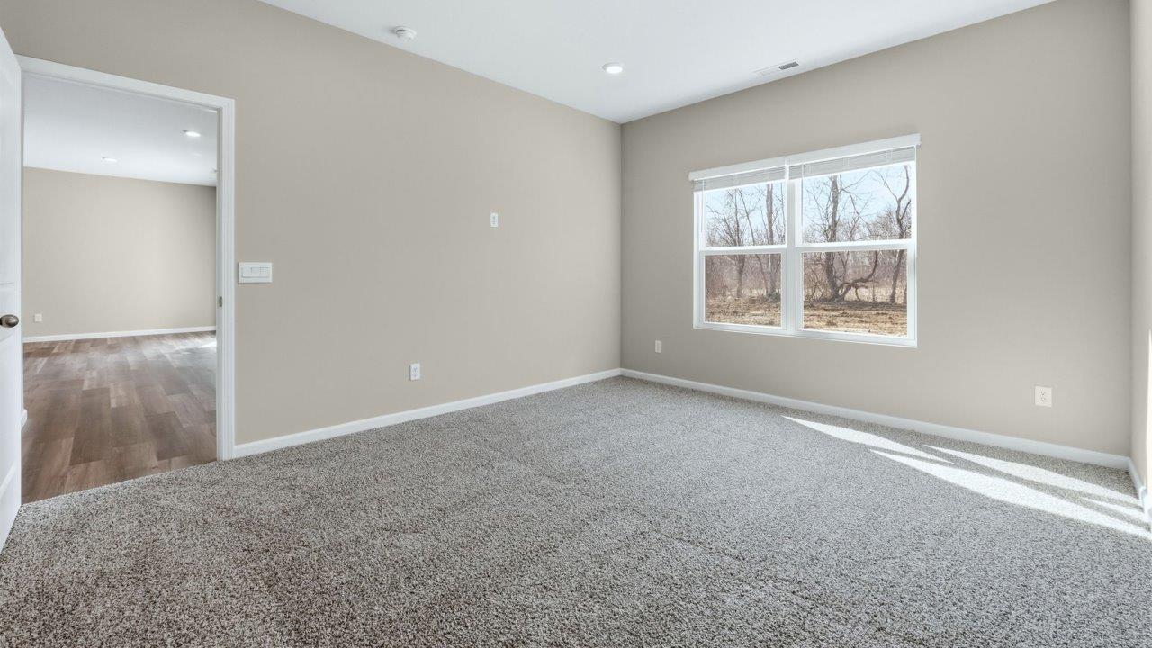 primary bedroom with 2 windows, carpet flooring, and ensuite bathroom and walk-in closet