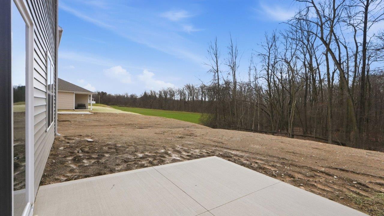 rear exterior with concrete patio and tree lined yard