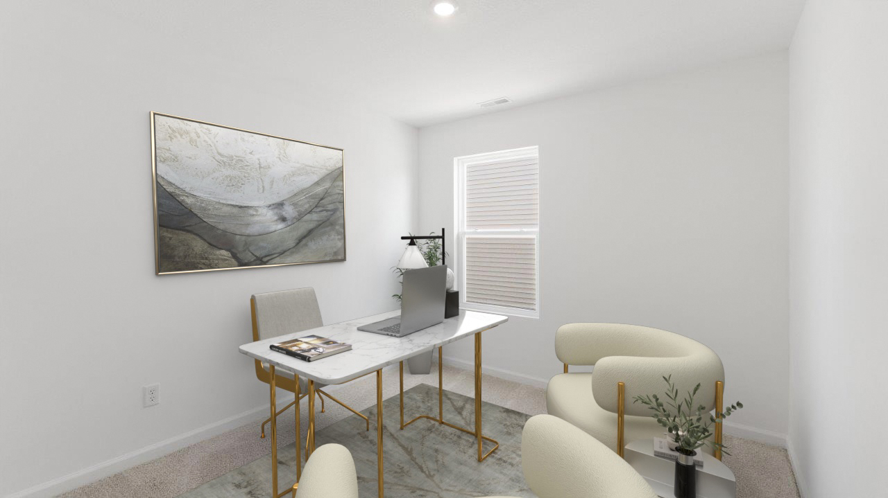 bedroom 4 with carpet flooring, 1 window, closet, and white walls furnished as an office