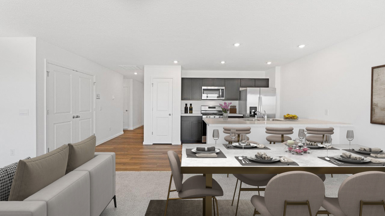 open layout kitchen, living room, and dining room