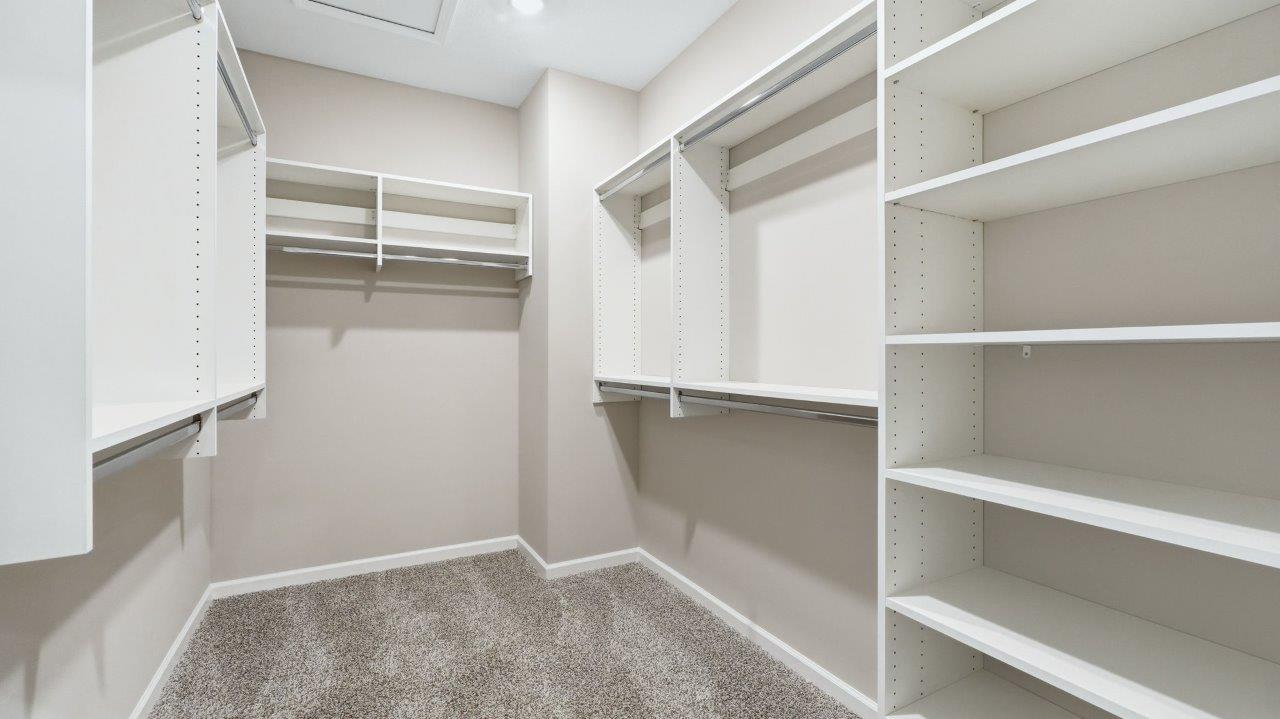 sierra ridge chatham primary bedroom ensuite walk in closet with carpet and built in shelving