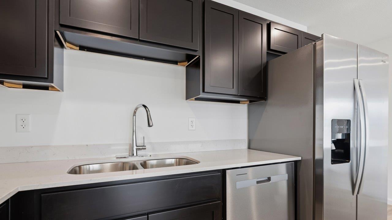 kitchen with dark brown sarsaparilla cabinets, stainless steel appliances, quartz countertops
