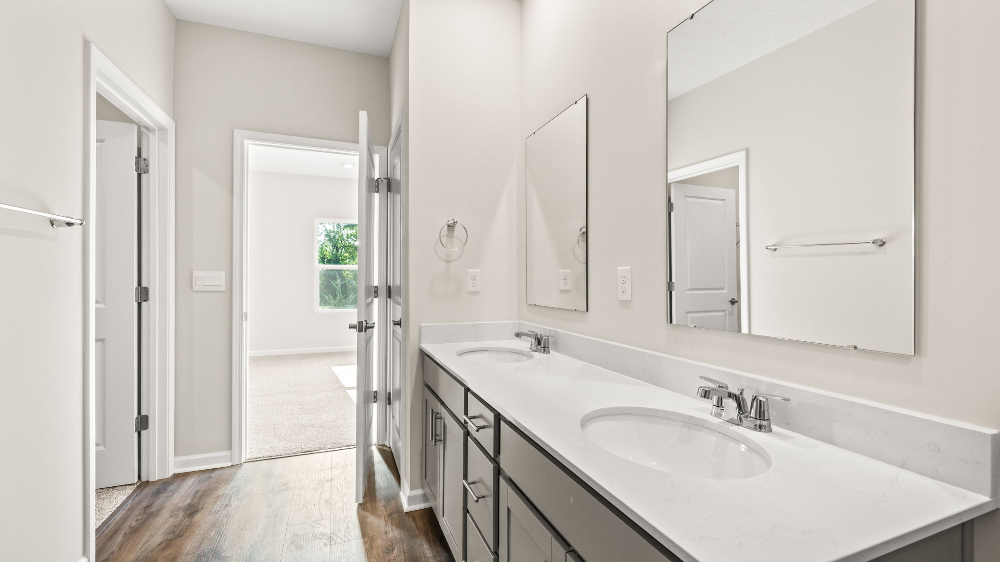 Closeup of double bowl vanity sink