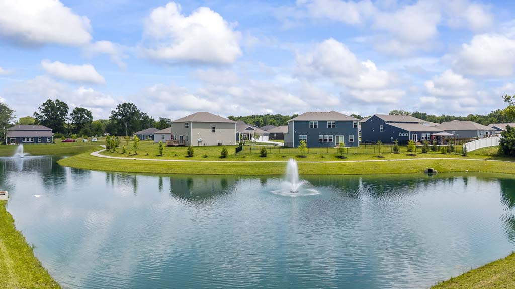Ground level image of the pons at heritage farm with two fountains
