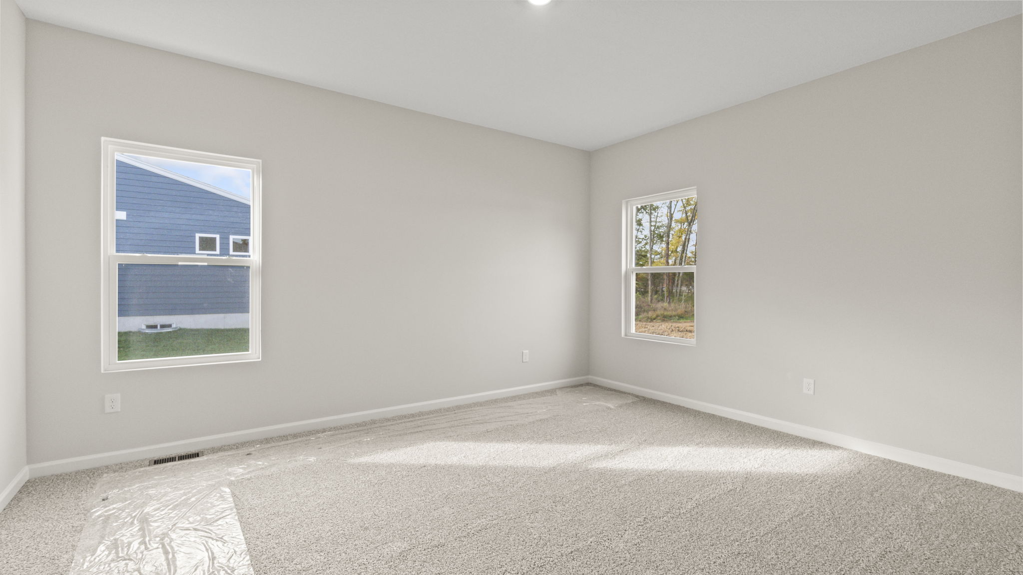 Primary bedroom with carpet, two windows, and an outlet