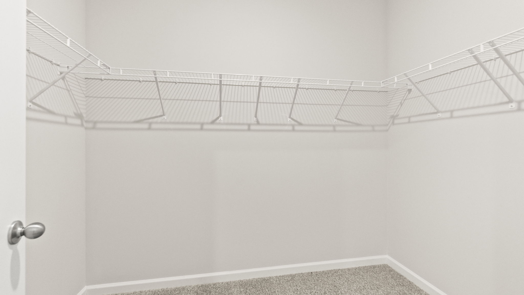 Carpeted walk-in closet with wire shelving