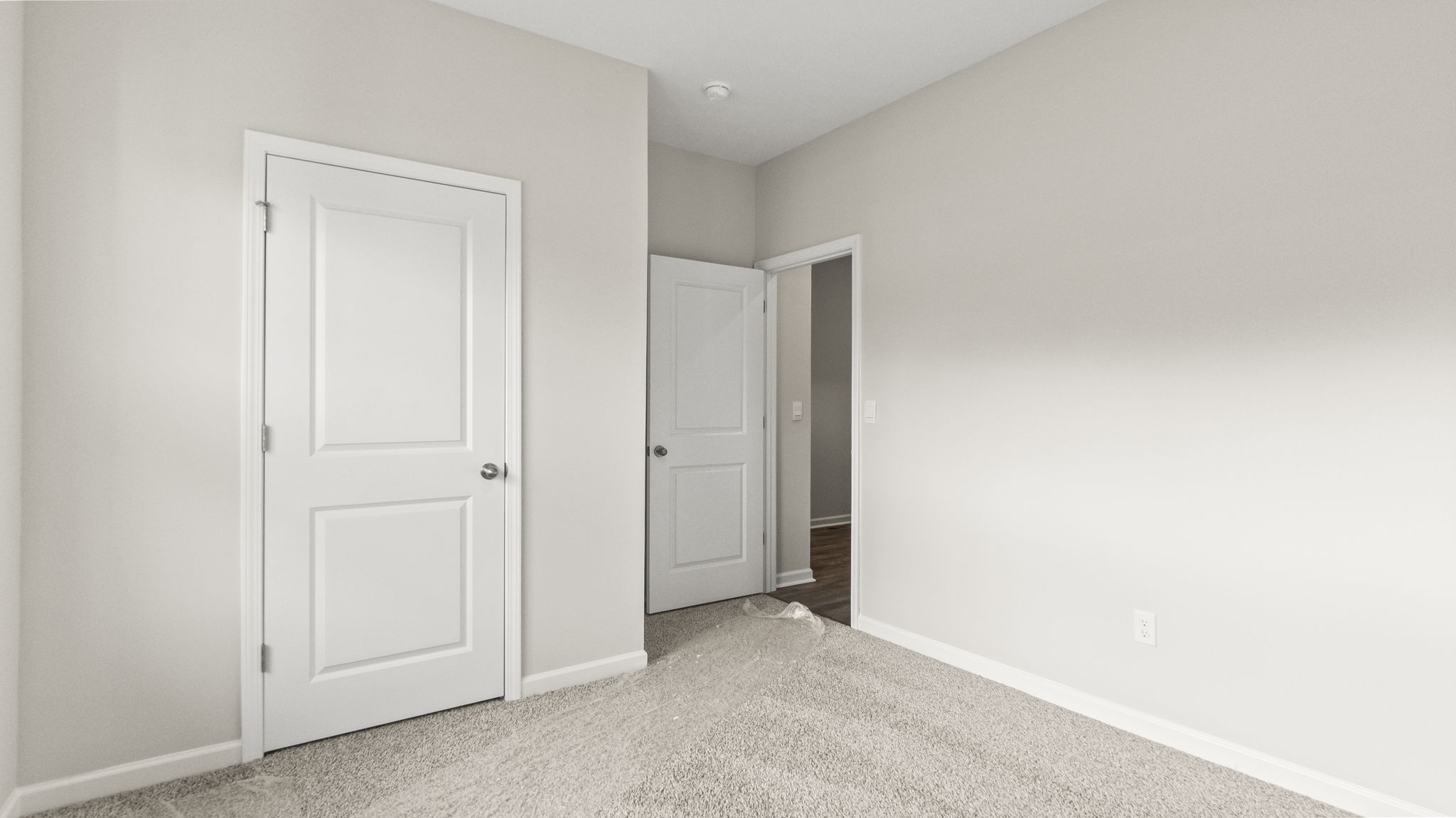 Carpeted bedroom with storage closet and view of hallway