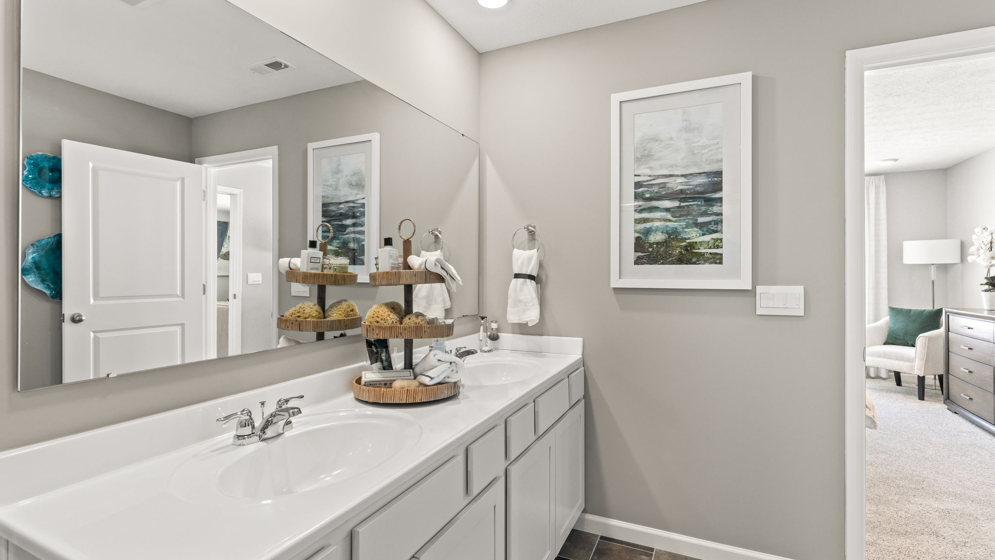 Closeup of primary bathroom double sink vanity