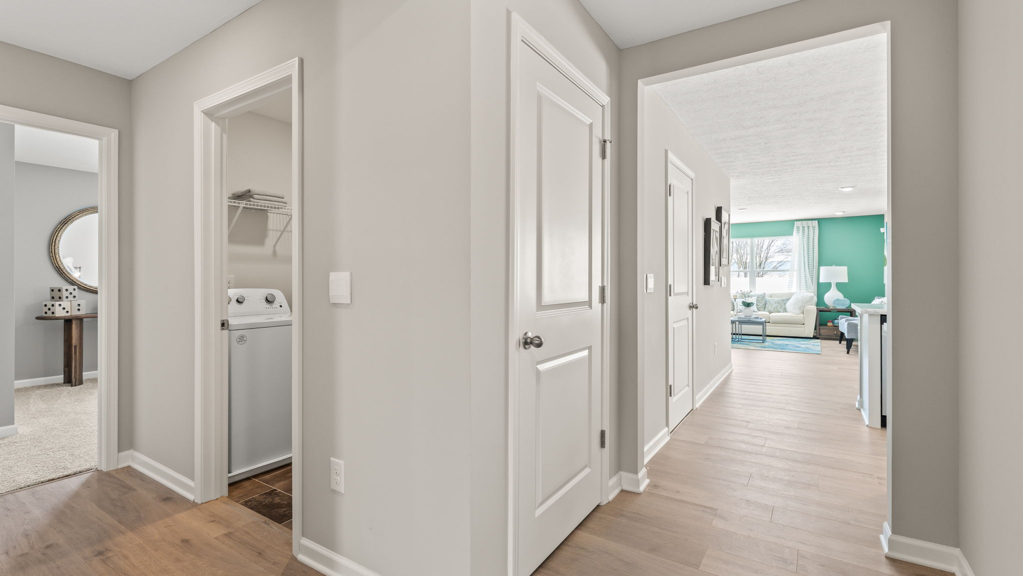 Hallway into the bathroom and great room