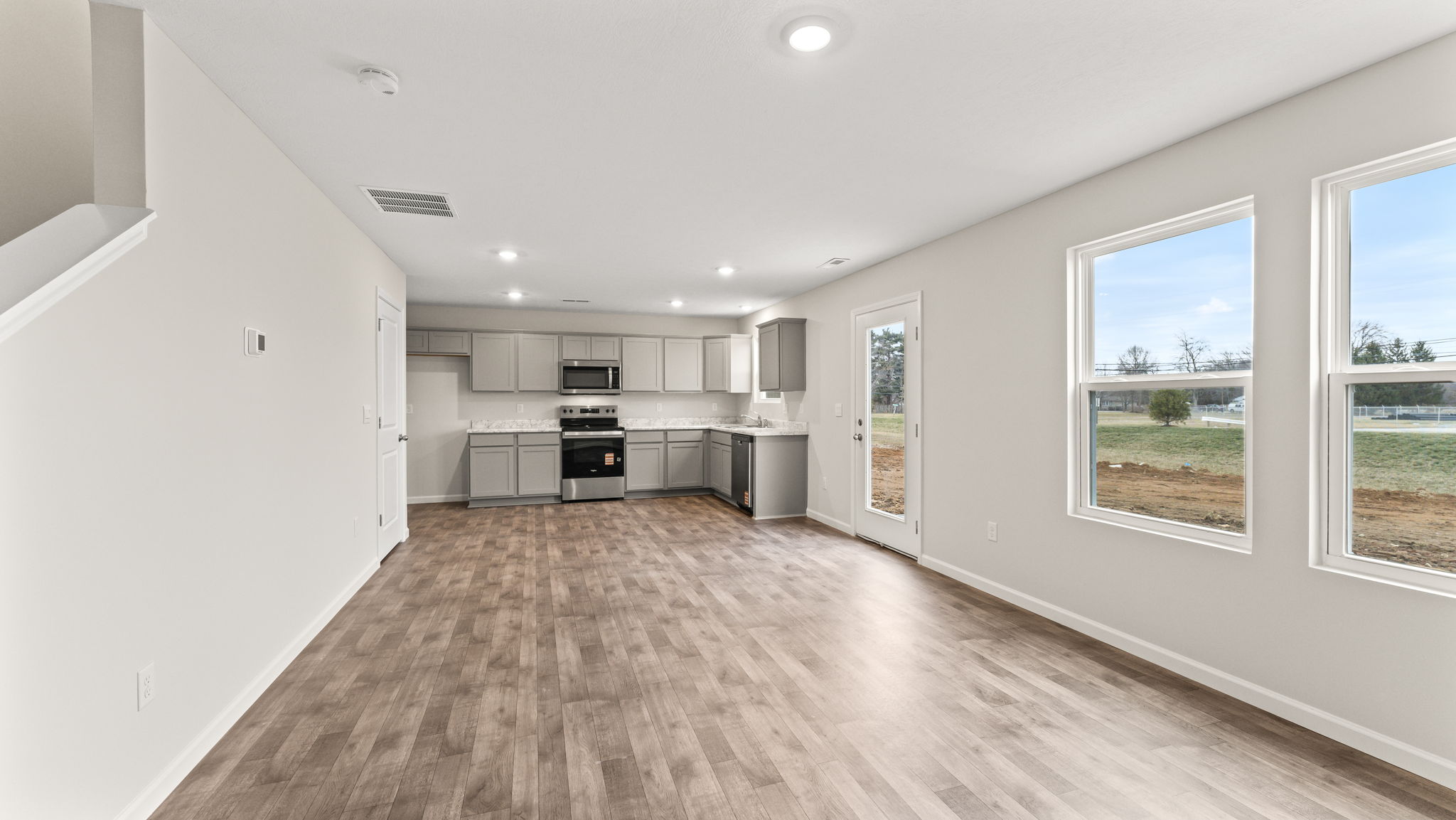 Wide shot of kitchen and great room