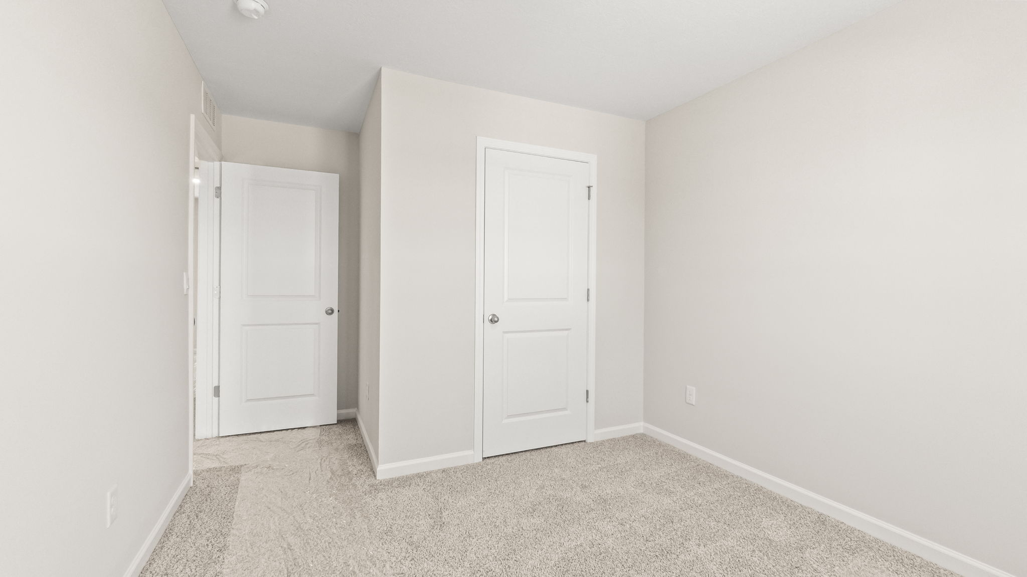 Carpeted bedroom with view of closet and hallway doors