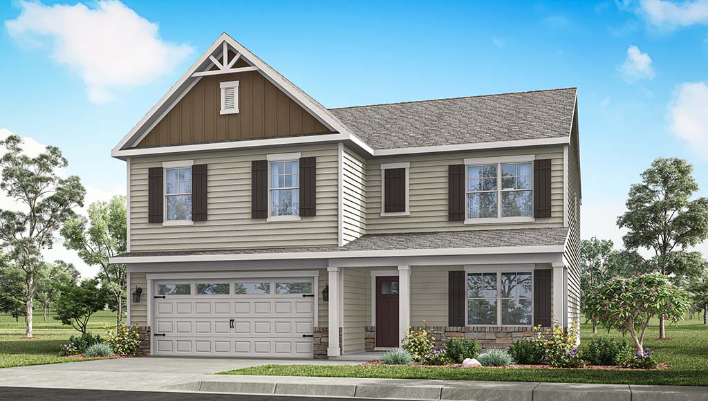 Exterior rendering of a Henley plan home with L elevation