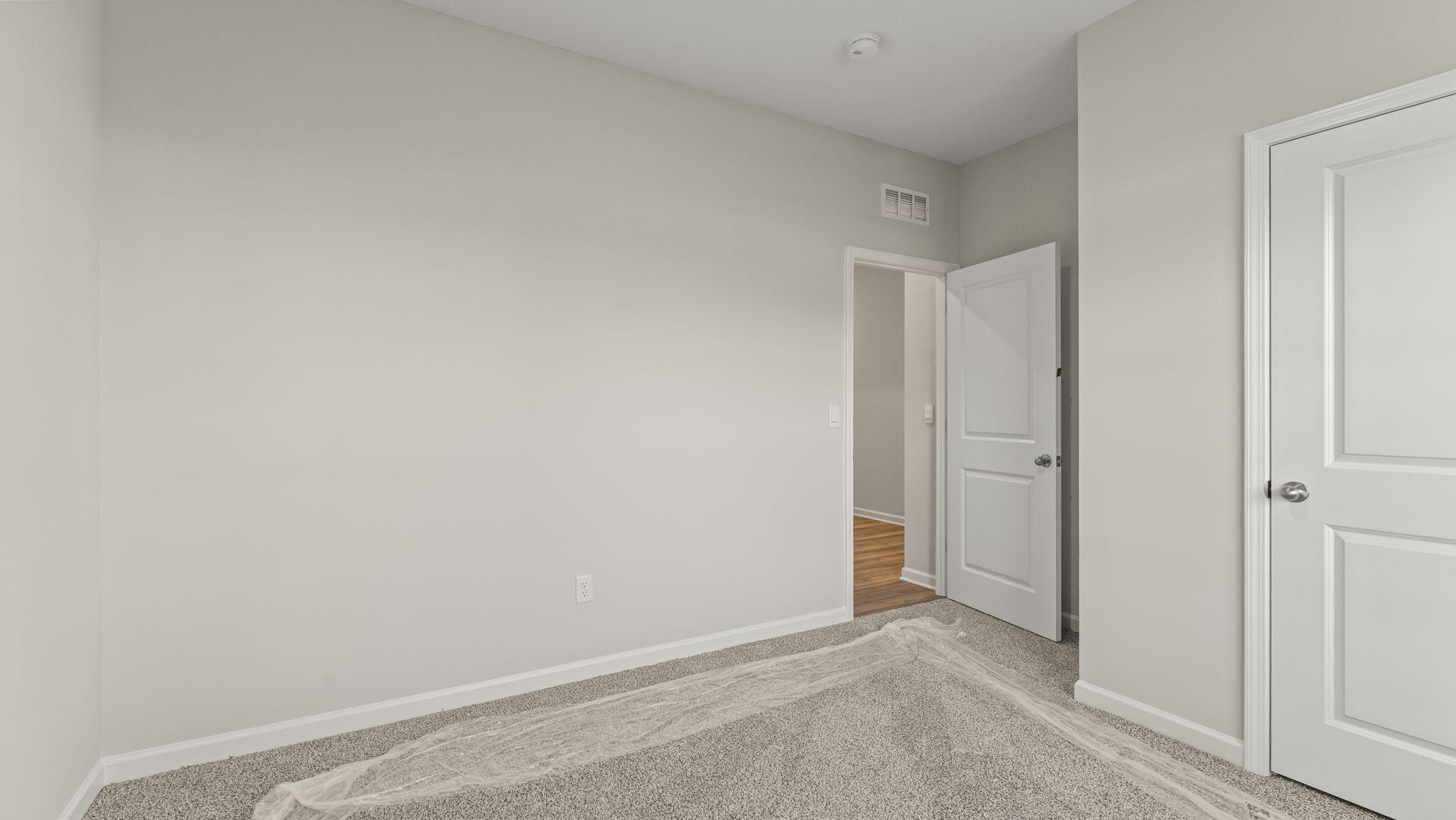 Carpeted bedroom with closet and hallway
