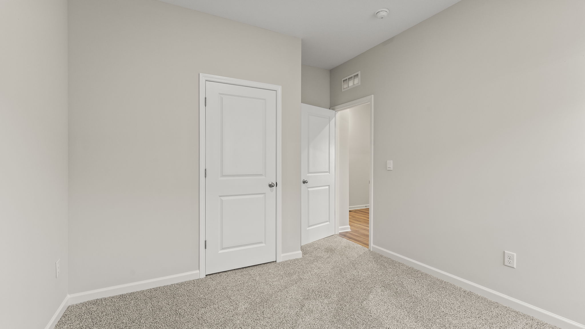 Carpeted bedroom with closet and hallway