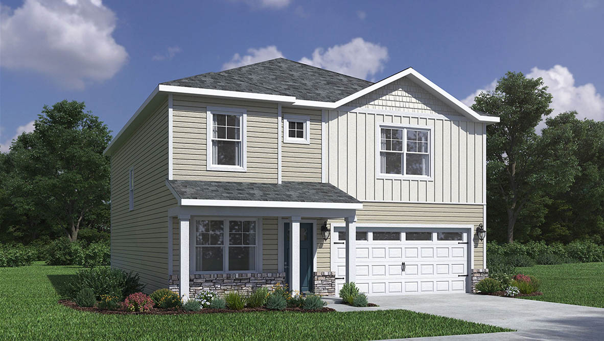 Holcombe Plan exterior rendering with D elevation.