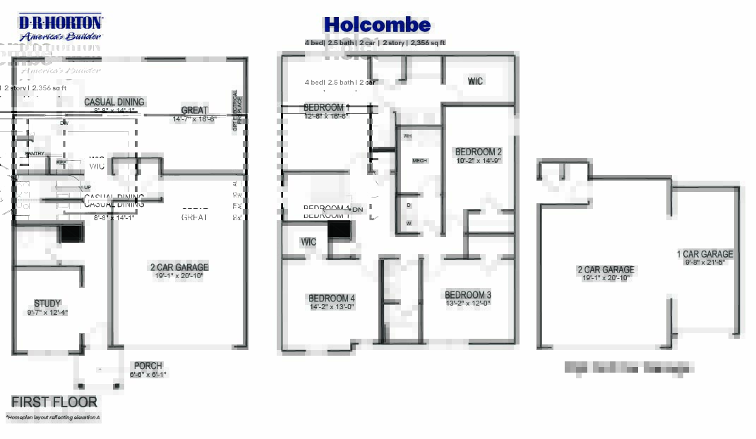 Black and white technical drawing of the Holcombe plan with two-story layour and optional 3rd car garage