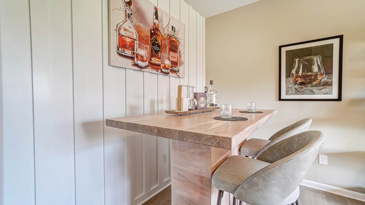 Side view of bar and modern art.