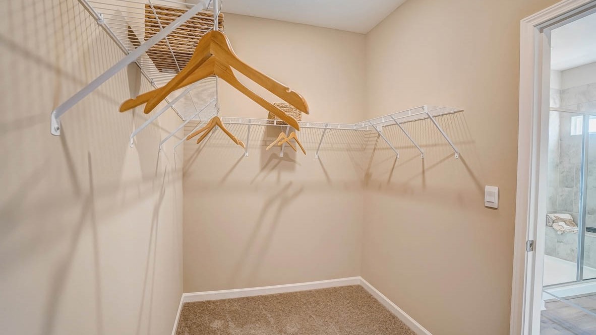 walkin closet with amble storage shelving and space.