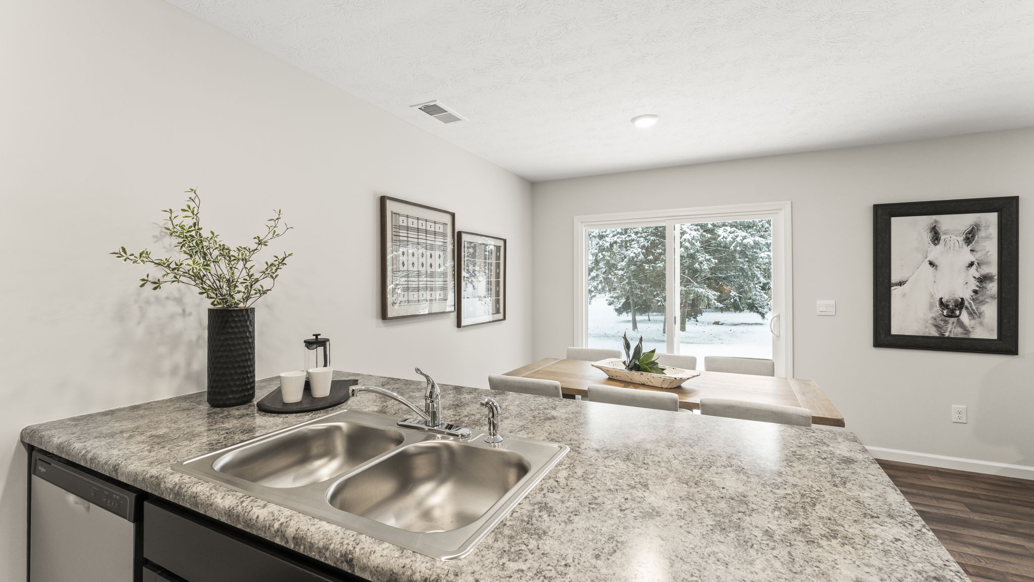 View from kitchen to living room and backyard, highlighting our open-concept sleek design D.R. Horton