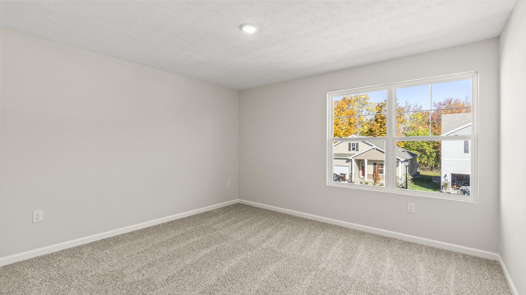 Bedroom with carpet, outlets, puck light, and window.