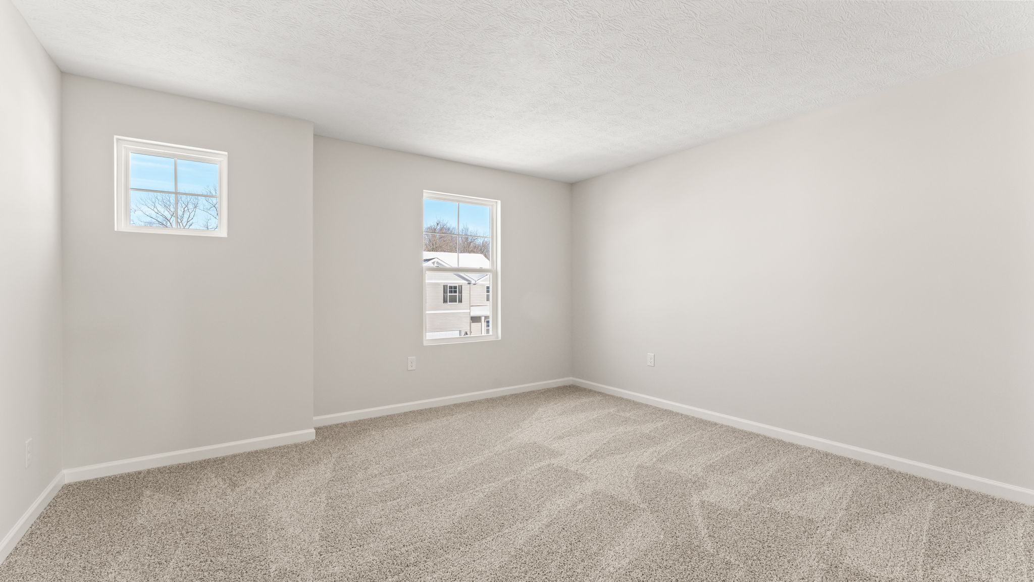 Bedroom with two windows and carpet