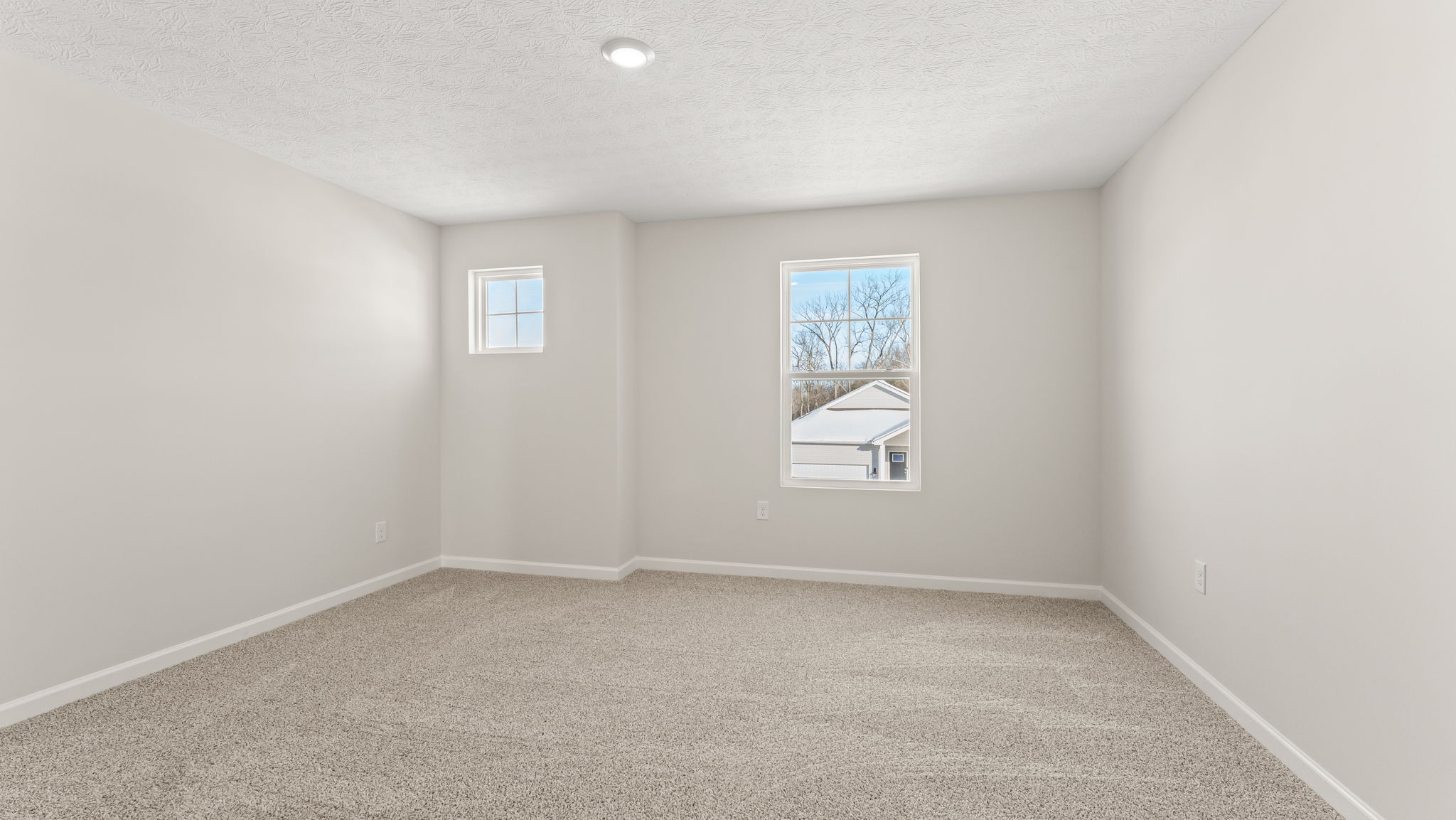 Bedroom with two windows and carpet