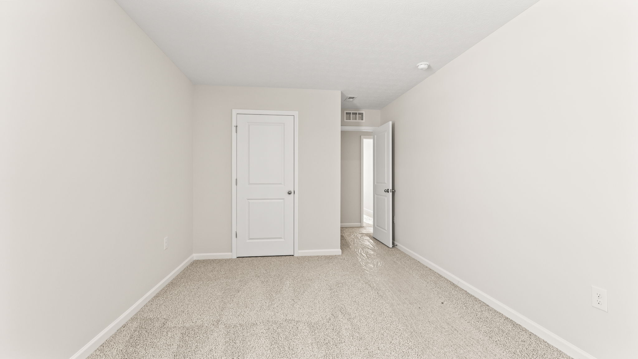Carpeted bedroom with closet door and door to hallway.