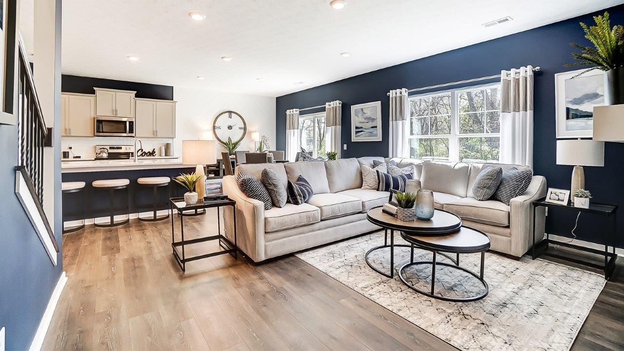 great room showing couches and kitchen island