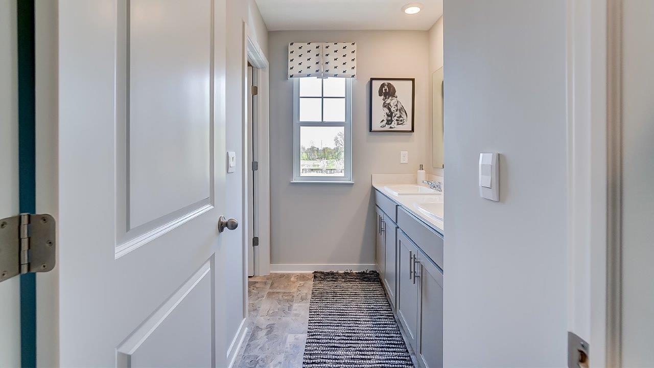 Shared bathroom with dual vanity sinks and dog accents.