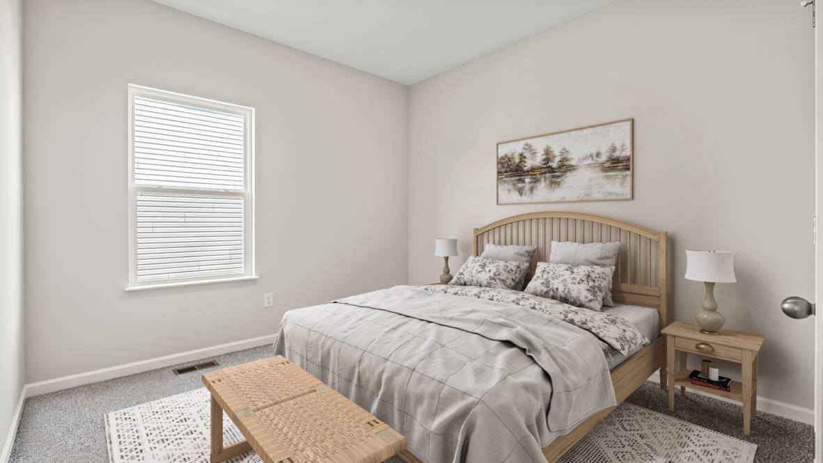 3rd bedroom with wicker bed table and dual wooden bedside tables.