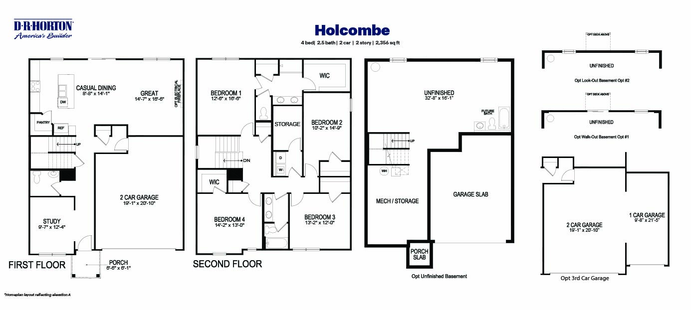 Technical black-and-white drawing of a holcombe floorplan with optional 3rd car garage and basemenr