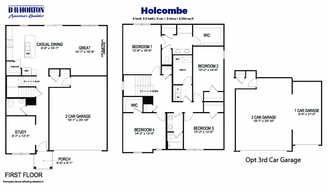 Technical black-and-white drawing of a holcombe floorplan with optional 3rd car garage.