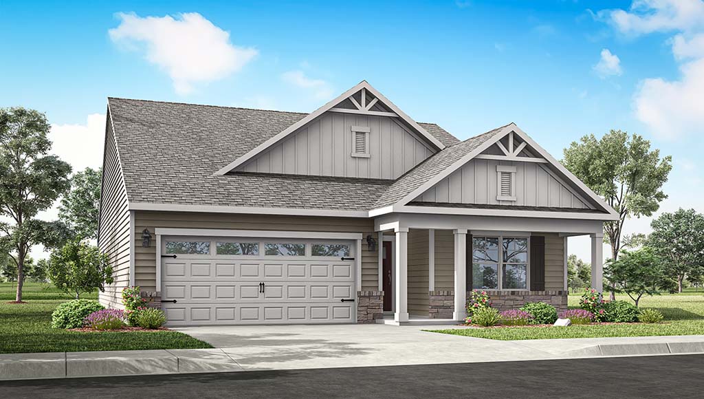 Exterior rendering of a newcastle plan home with L elevation