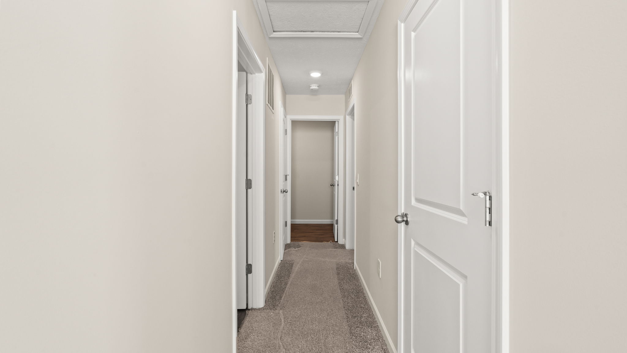 Hallway with carpet and storage door on the right