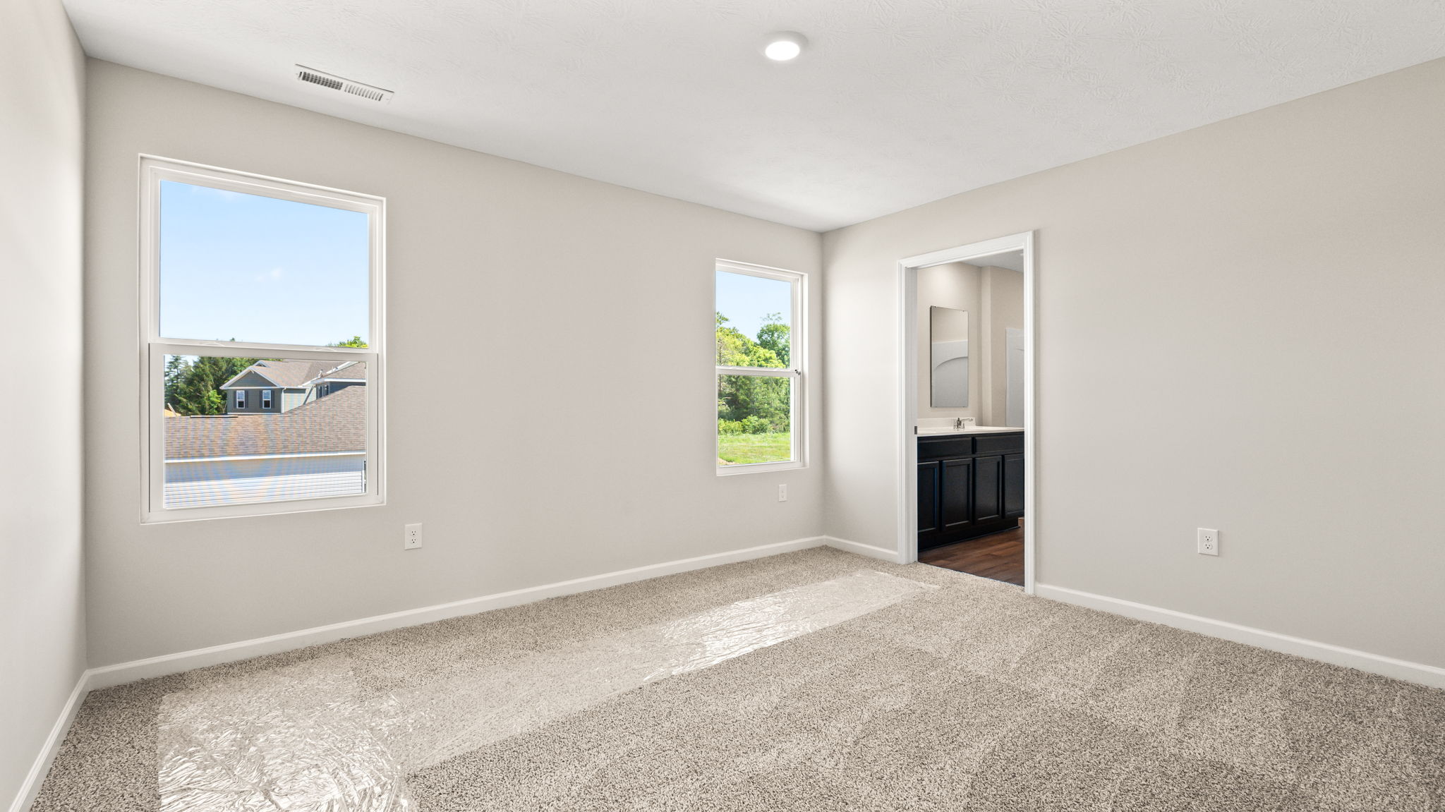 Carpeted primary bedroom with two windows and door to bathroom