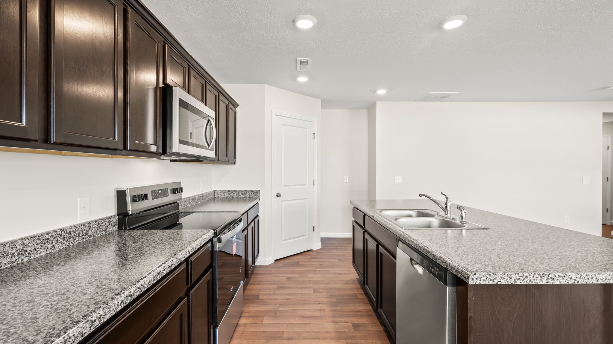 Side view of kitchen with island