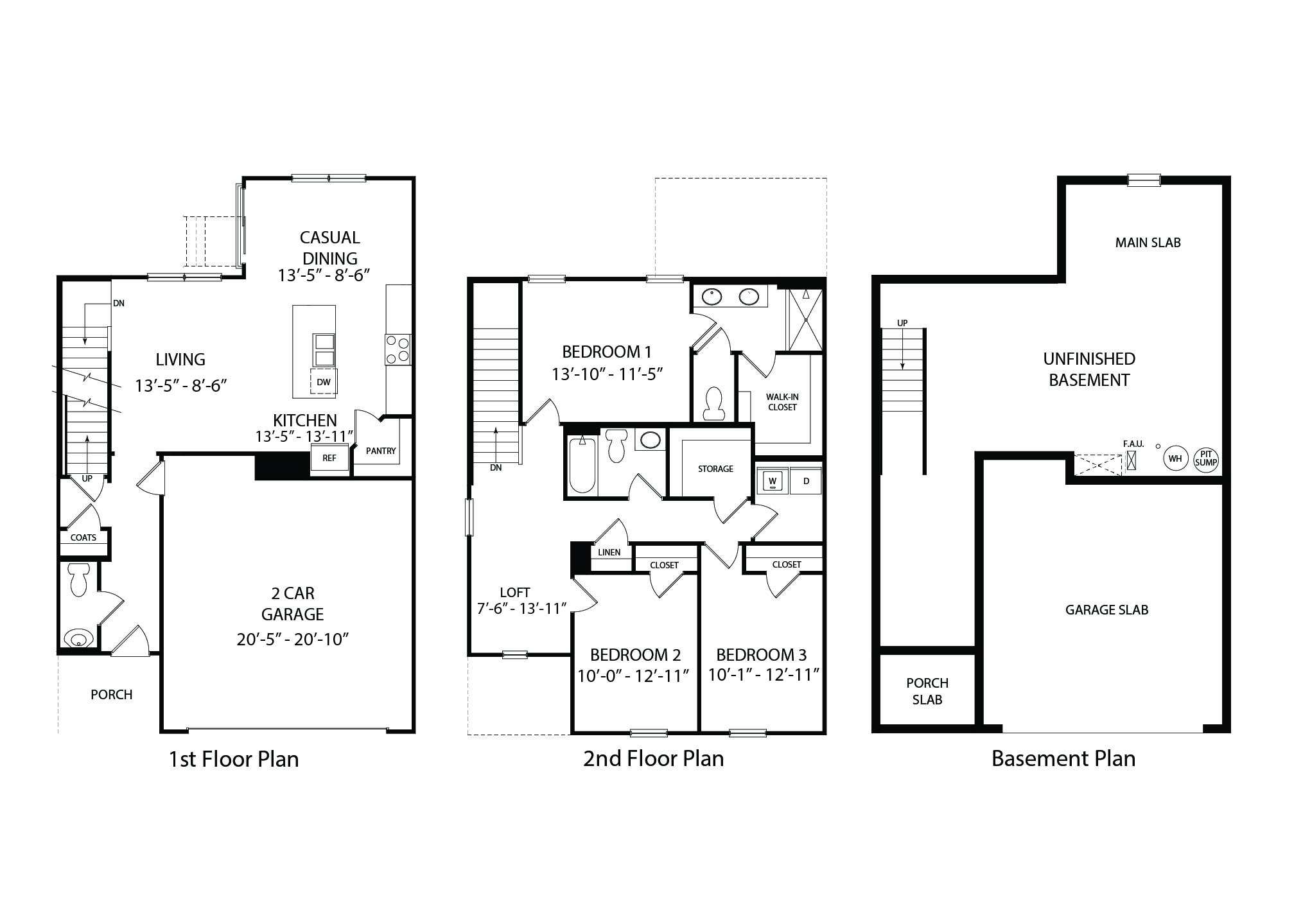 Black-and-white technical drawing of a cabral plan home with a basement.