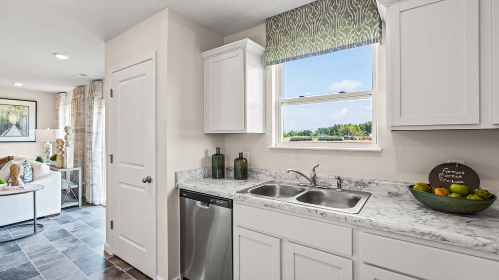 kitchen sink and white cabinets.