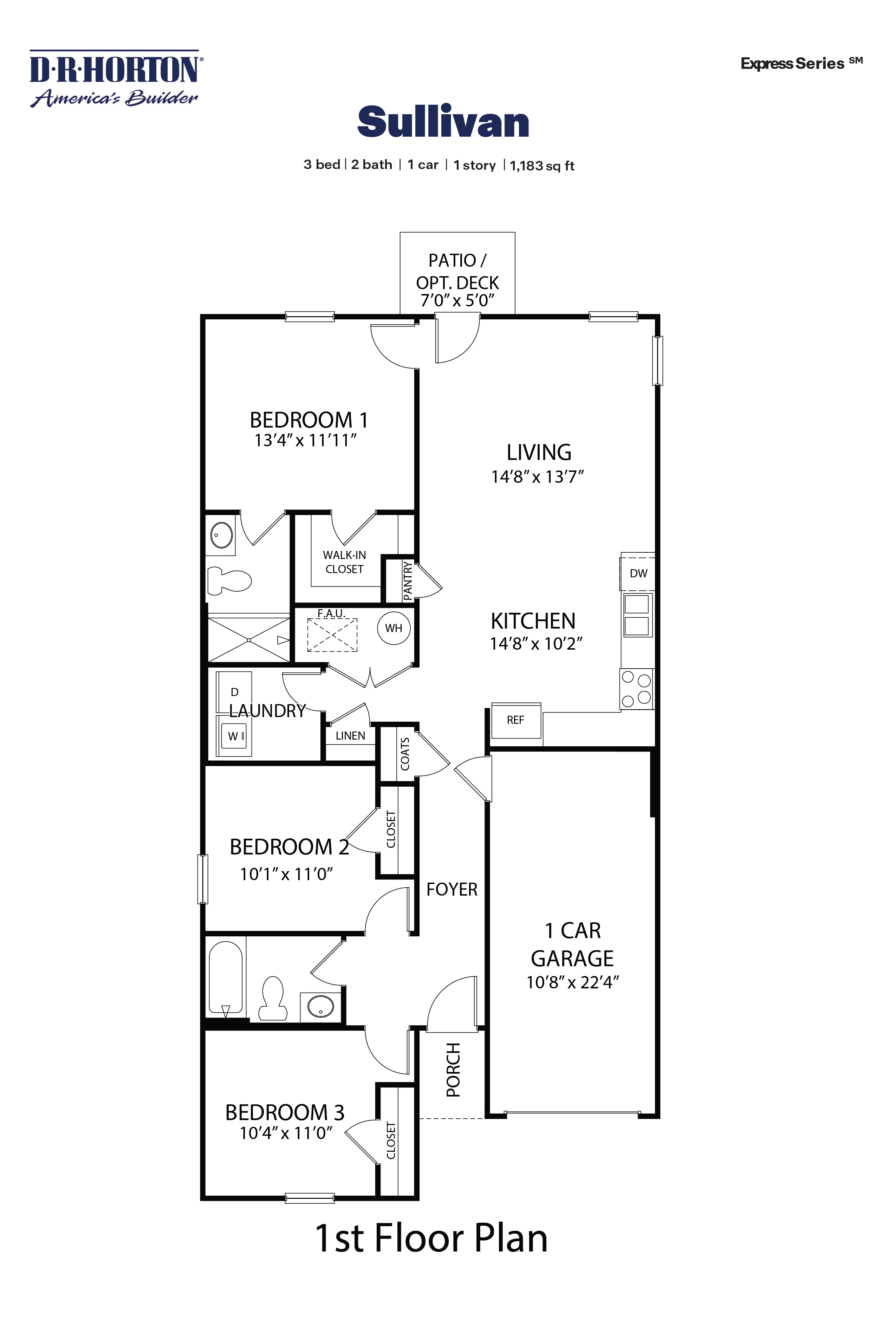 Technical drawing of a Sullivan floorplan with 3 bedrooms, 2 bathrooms, kitchen area, and 1 car garage.