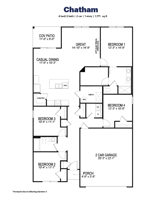 Black and white drawing of a chatham plan home