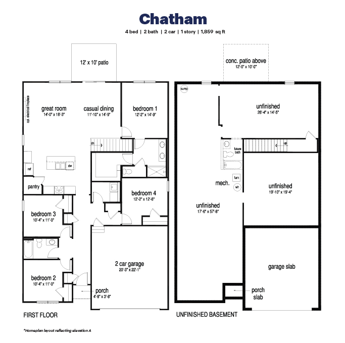 Black and white technical drawing of a chtham plan home with a basement