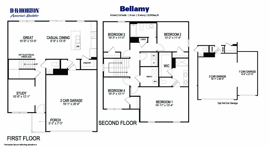 Black and white technical drawing of a bellamy plan home