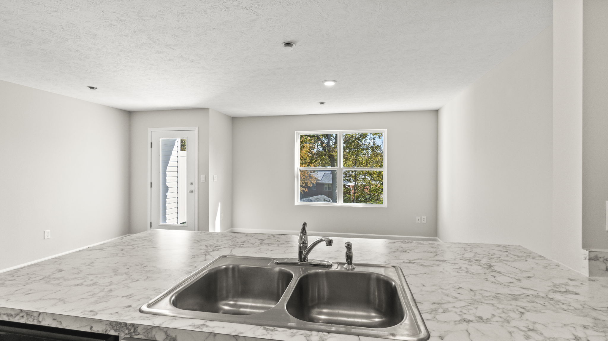 Point of view from the sink into the great area whic has the door to the backyward and a window.