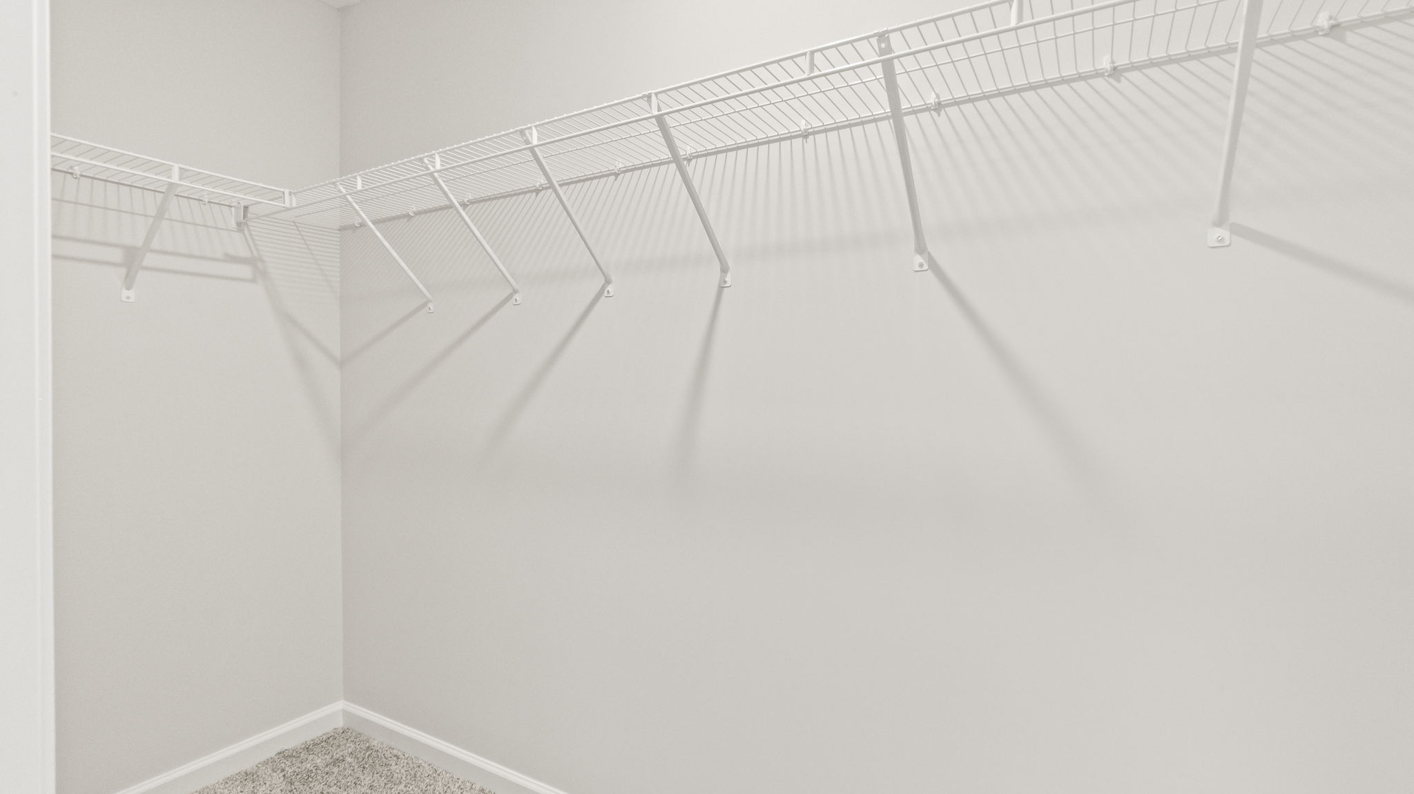 Walk-in closet of primary bedroom with wire shelving