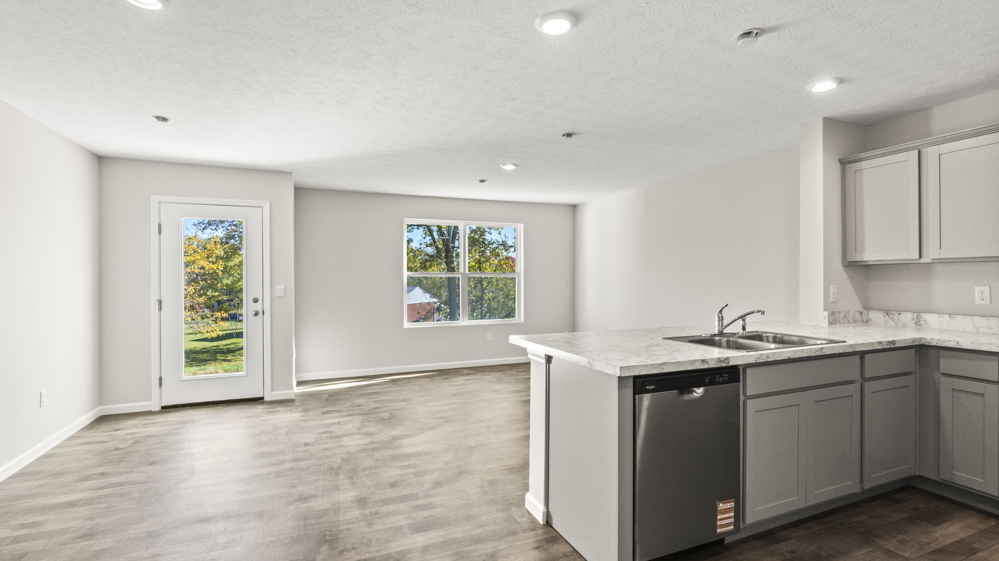 Perspective of the kitchen and great room