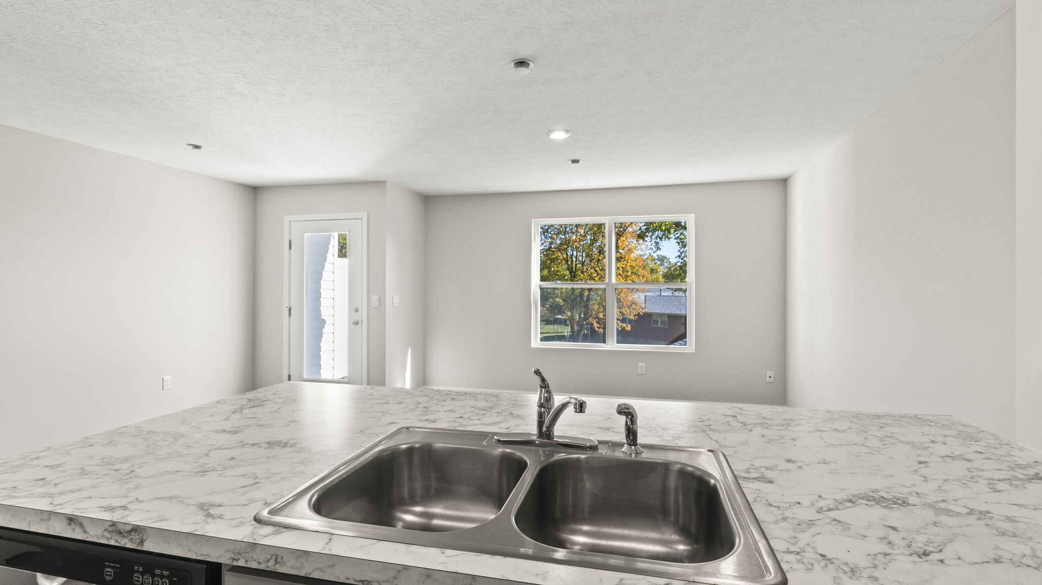 Point of view from the sink into the great area which has the door to the backyard and a window.