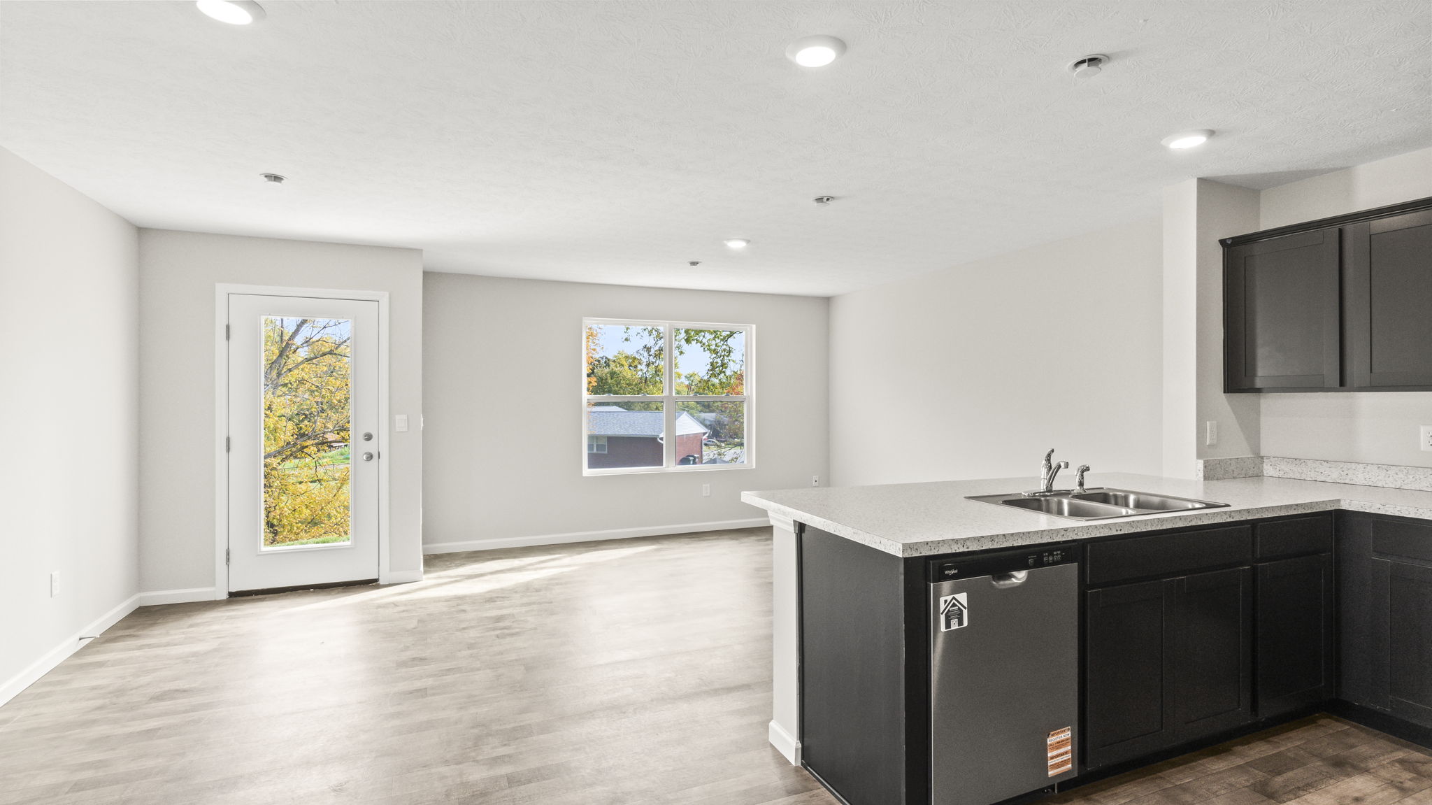 Perspective of the kitchen and great room