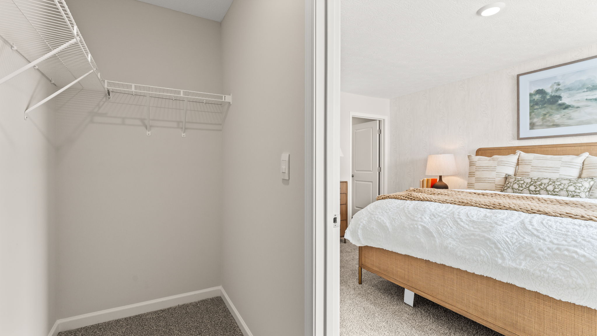 Walk-in closet with wire rack shelving