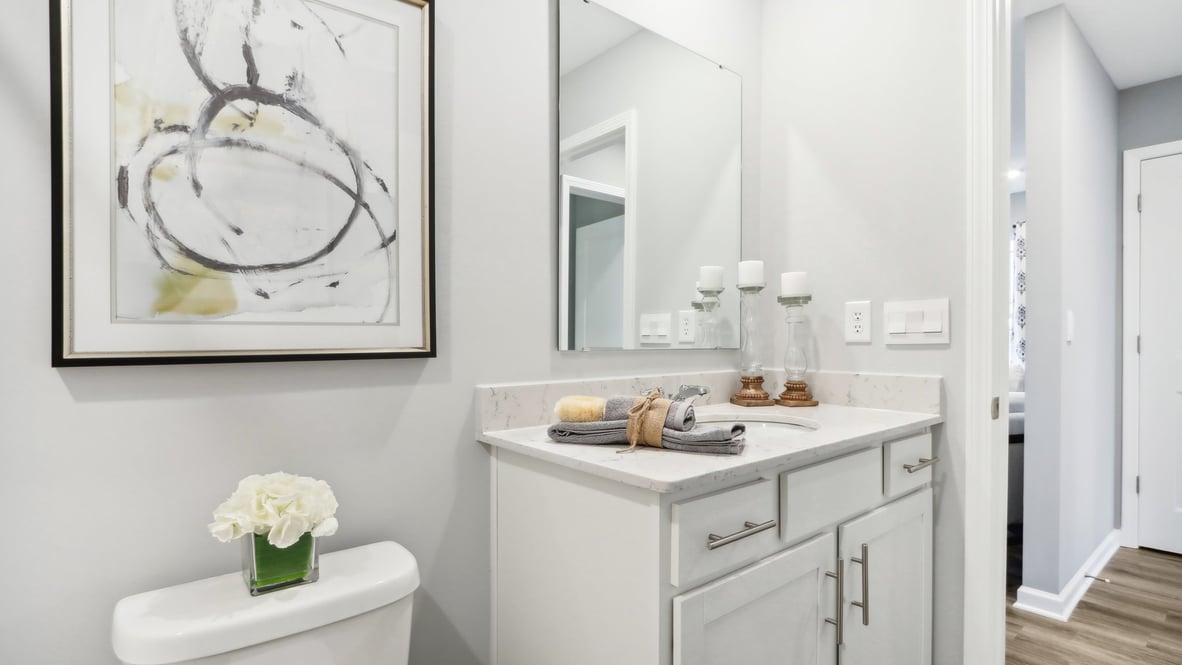 bathroom with white cabinentry and modern decorations.